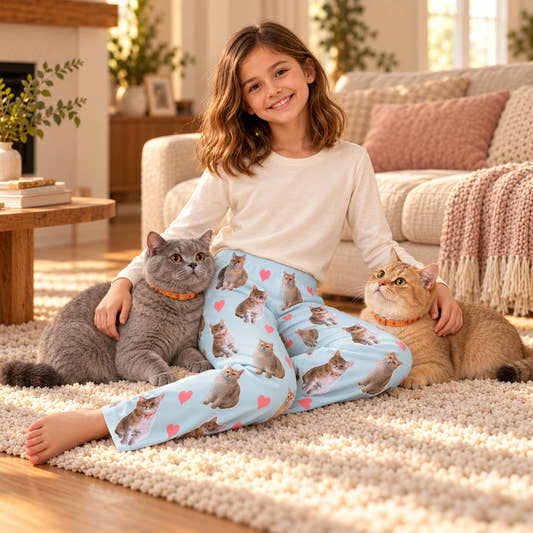 Custom Pet Kids Pants Heart Pet Pajama Pants, worn by a model spending time with a pet on a rug.
