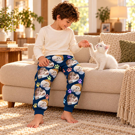 Custom Pet Kids Pants Heart Photo Pajama Pants, worn by a model relaxing on a sofa with a pet.