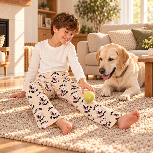 Custom Pet Kids Pants I Love My Pet Pajama Pants, worn by a model spending time with a pet on a rug.