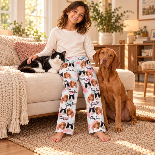 Custom Pet Kids Pants Kid and Pet Pajama Pants, worn by a model relaxing beside a pet at home.