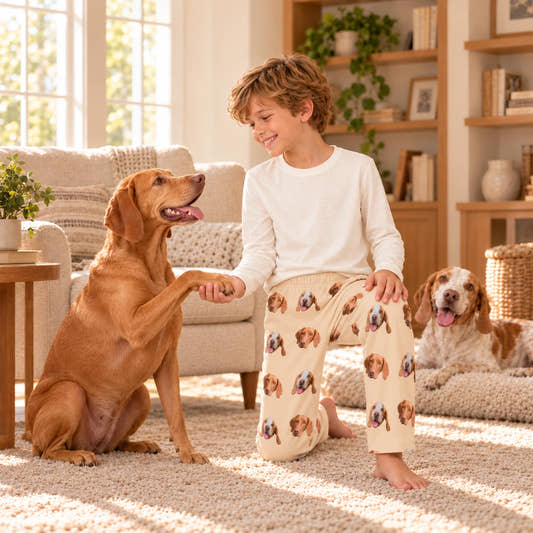 Custom Pet Kids Pants Kid and Pets Face Pajama Pants, worn during a relaxed moment with a pet at home.
