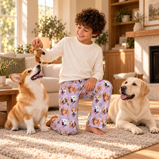 Custom Pet Kids Pants Paws Pajama Pants, worn by a model spending time with a pet on a rug.