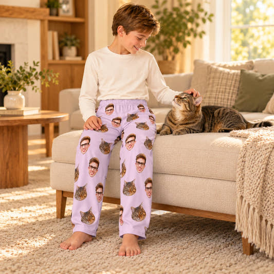Custom Pet Kids Pants Pet and Kids Face Pajama Pants, worn by a model spending time with a pet on a rug.