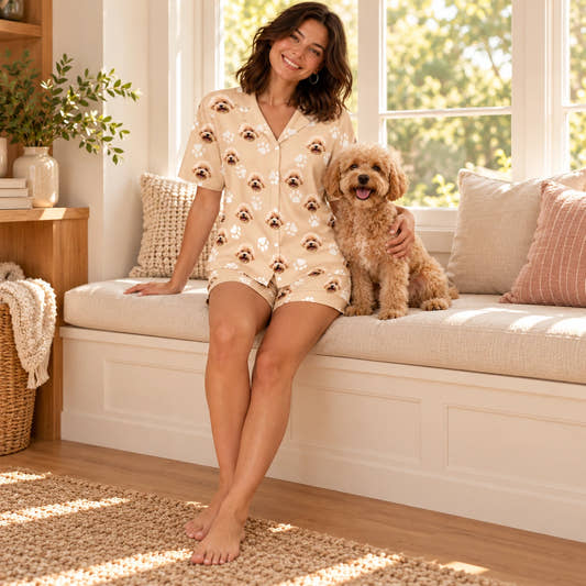 Custom Pet Paws Women's Short Pajama Set, worn by a model enjoying a quiet moment with a pet near a window.