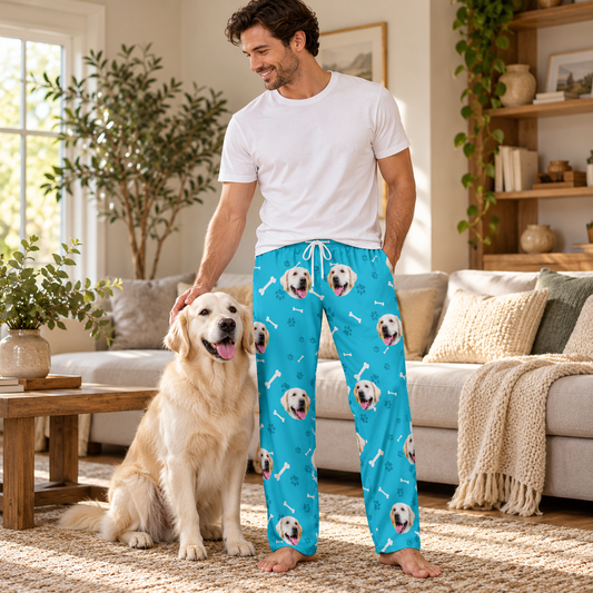 Bones and Dog style: model wearing turquoise pet-face pajama pants with dog bones