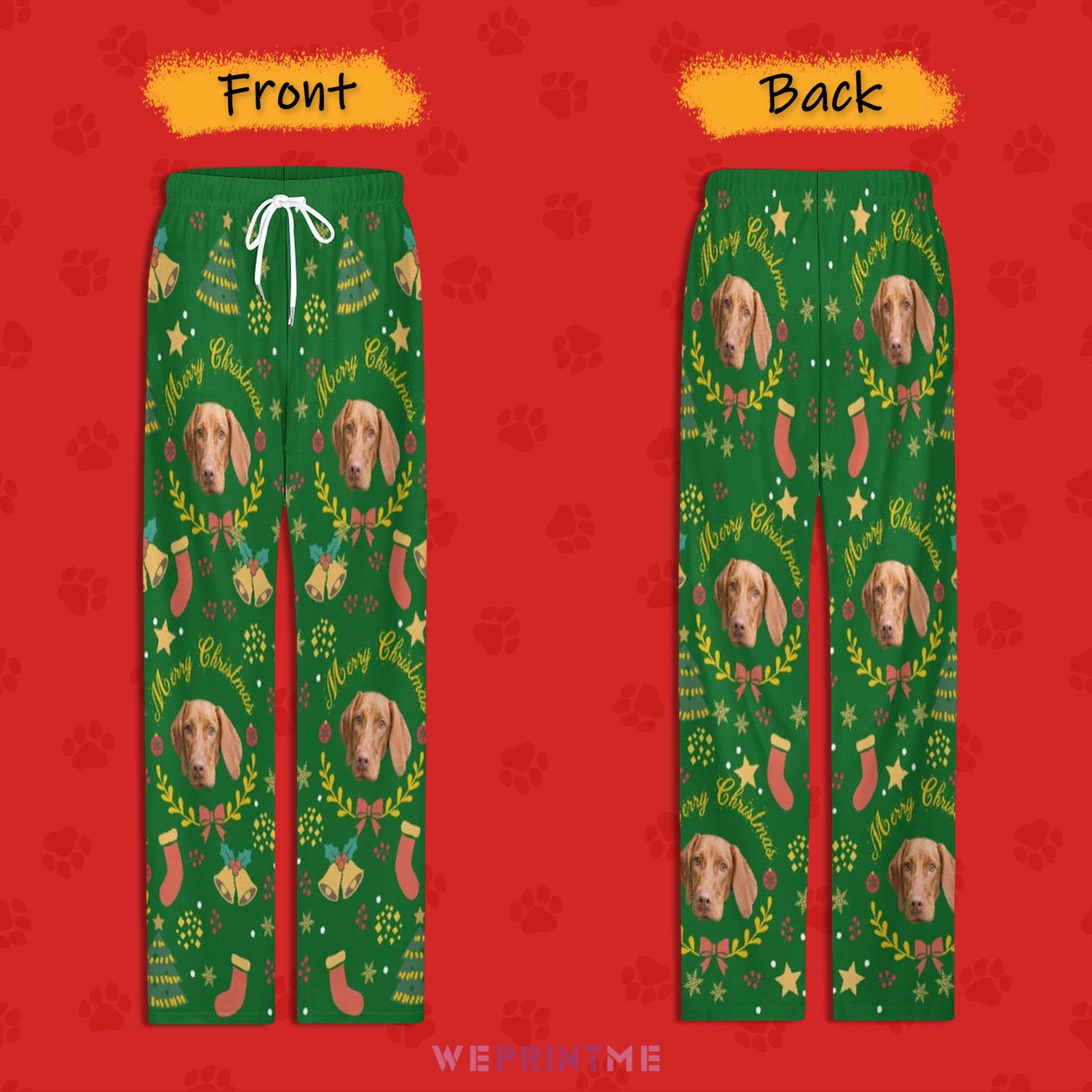 Custom Pet Face Wreath Christmas Pajama Pants-Front and Back-WEPRINTME