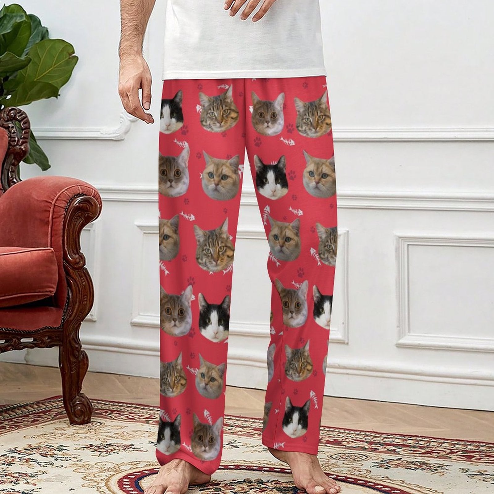 Custom Pet Face Pants Dogs or Cats Face Unisex Pajama Pants-Cat Red Model1-WEPRINTME