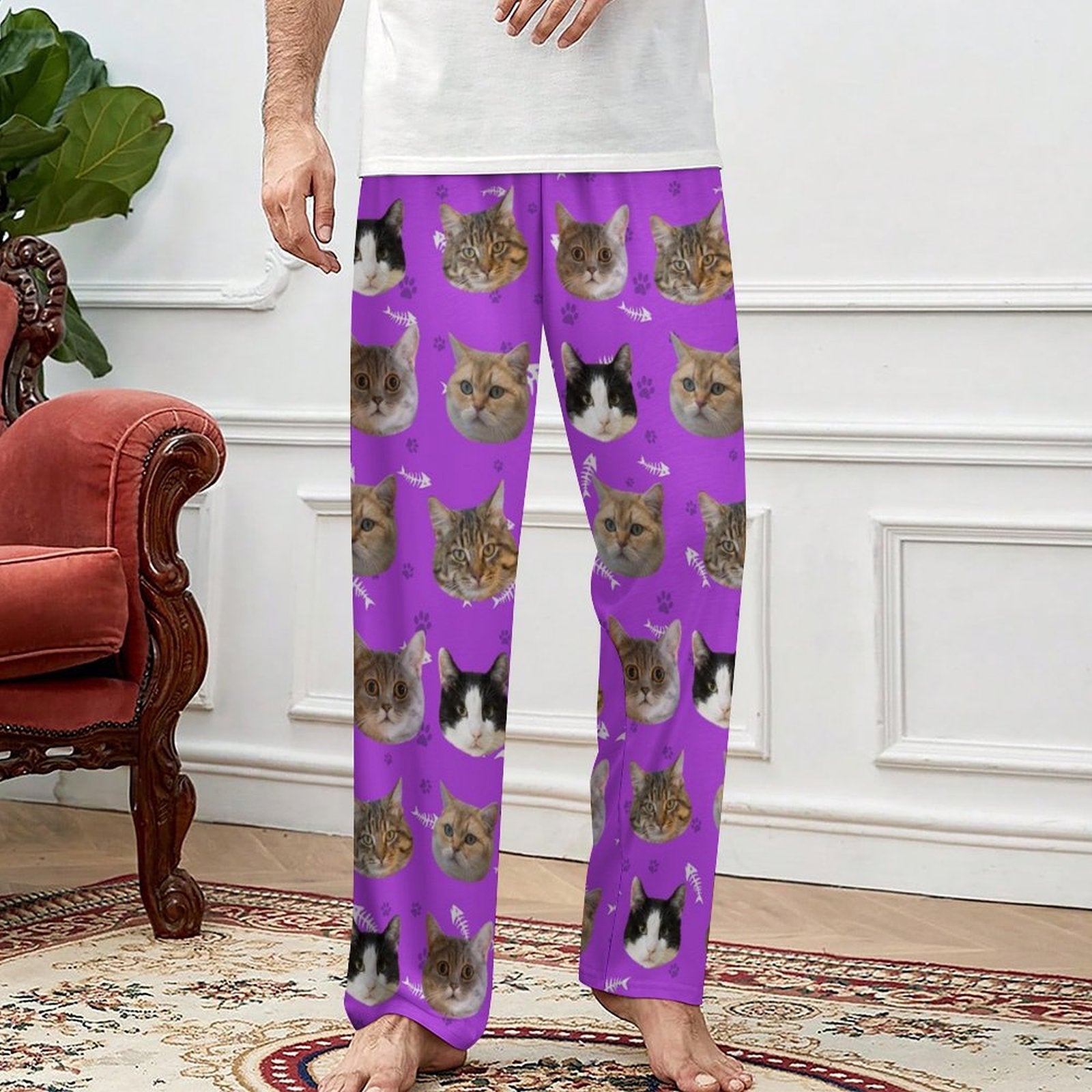 Custom Pet Face Pants Dogs or Cats Face Unisex Pajama Pants-Cat Purple Model1-WEPRINTME