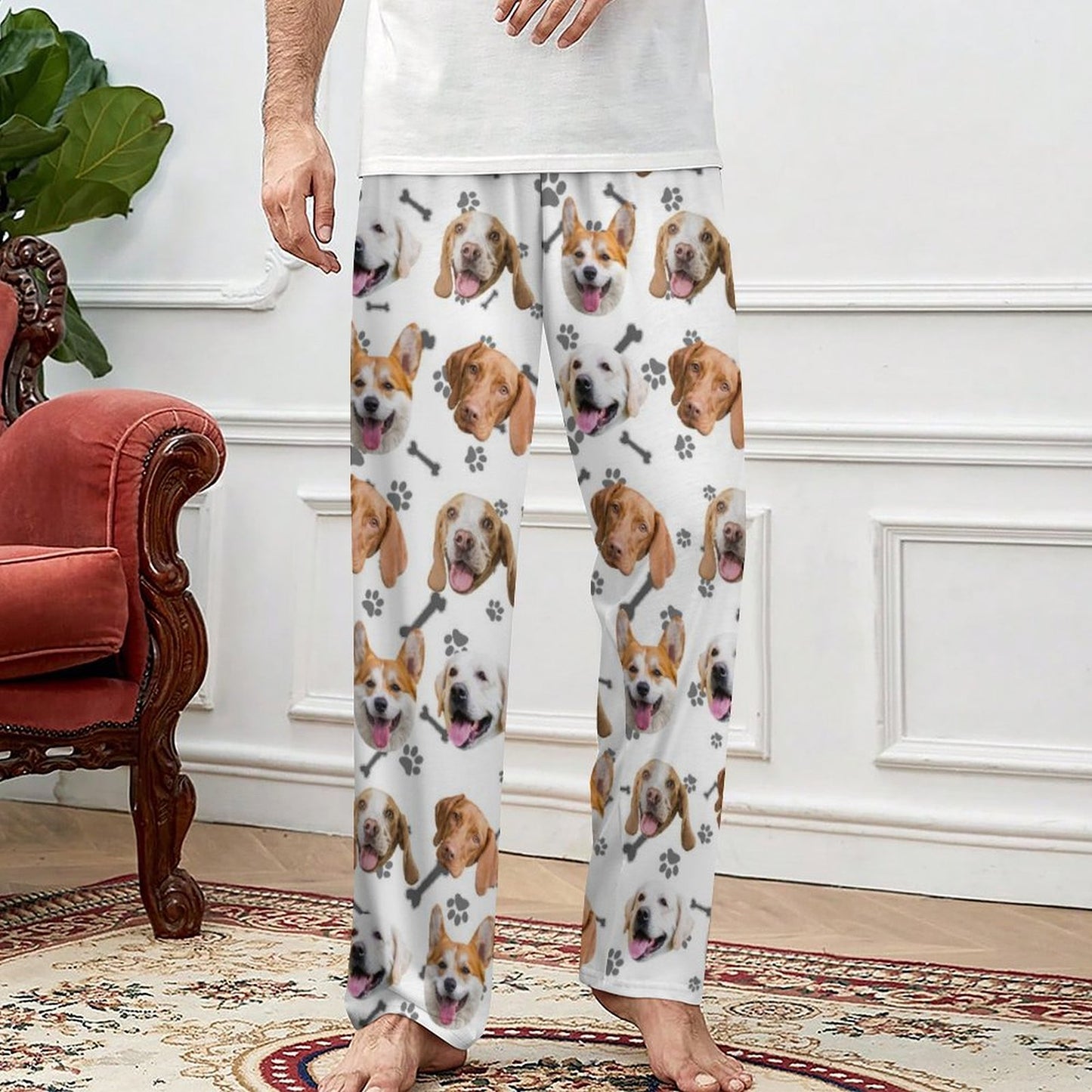 Custom Pet Face Pants Dogs or Cats Face Unisex Pajama Pants-Dog Model White2-WEPRINTME