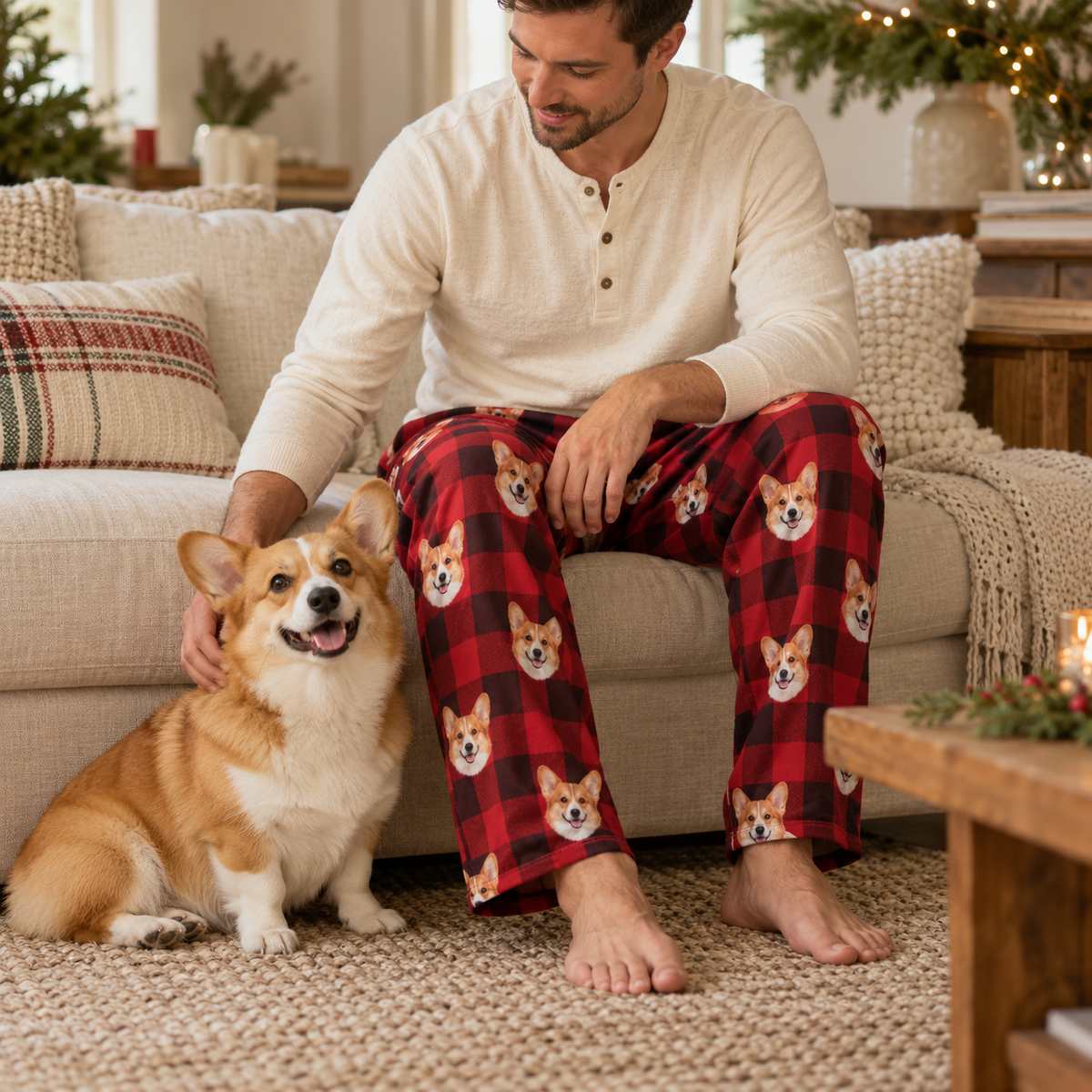 Adult and child in gingerbread pet-photo pajama pants in a Christmas kitchen