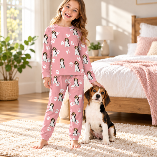 Girl style: model wearing pink pet-face and paw-print pajama set beside a beagle