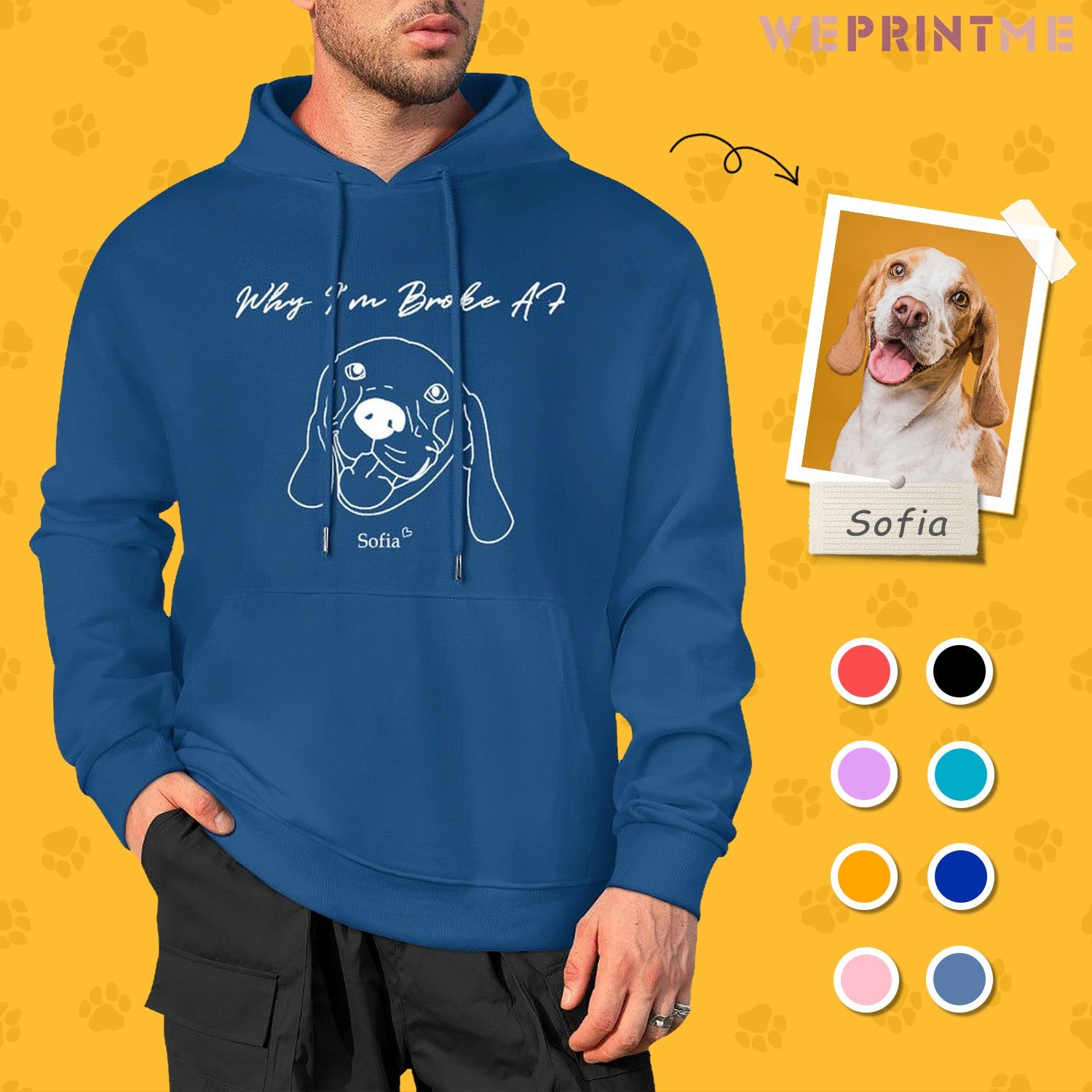 WEPRINTMEHoodieCustom Pet Face and Name Handdraw Unisex Cotton Hoodie