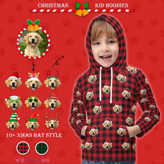WePrintMeKid's HoodieCustom Pet Face Hoodies Santa Red Plaid Hoodies For Kids