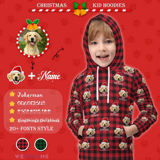WePrintMeKid's HoodieCustom Pet Face&Name Santa Hat Red Plaid Hoodies For Kids