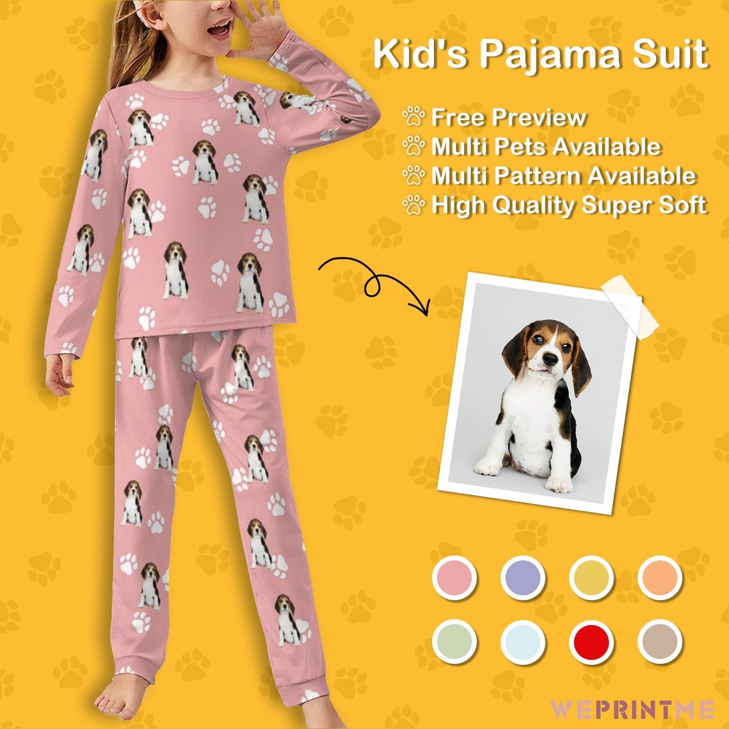WEPRINTMEKid's PajamasCustom Pet Face Lovely Pet and Paws Kids Pajama Set