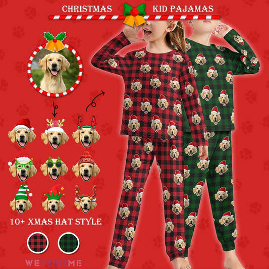 WePrintMeKid's PajamasCustom Pet Face Pajamas Santa Red Plaid Kids Long Sleeve Pajama Set