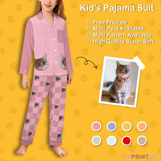 WePrintMeKid's PajamasCustom Pet Face Plaid Button - Down Kids Pajama Set