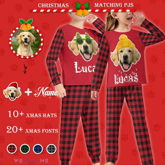 WePrintMeKid's PajamasCustom Pet Face&Name Santa Plaid Kids Pajamas