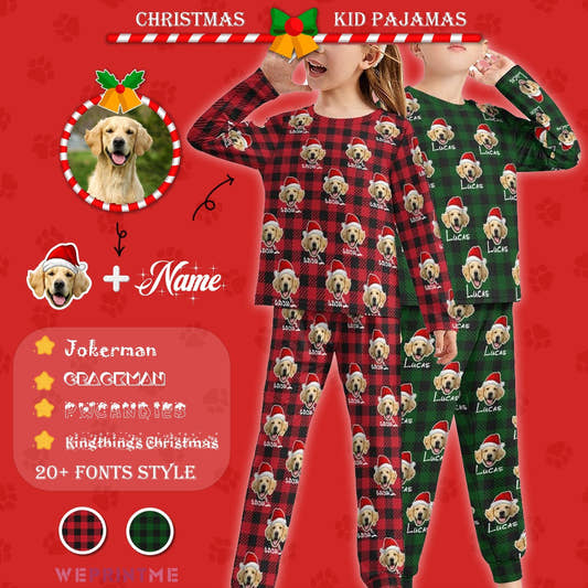 WePrintMeKid's PajamasCustom Pet Face&NameSanta Hat Red Plaid Kids Long Pajama Set