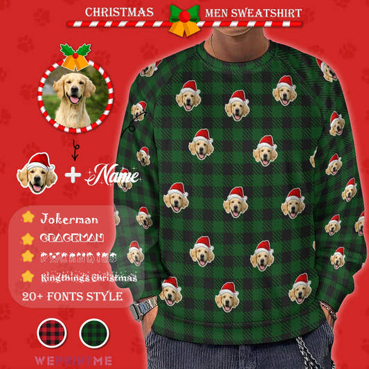 WePrintMeMen's SweatshirtCustom Pet Face&Name Santa Hat Red Plaid Men's Sweatshirt