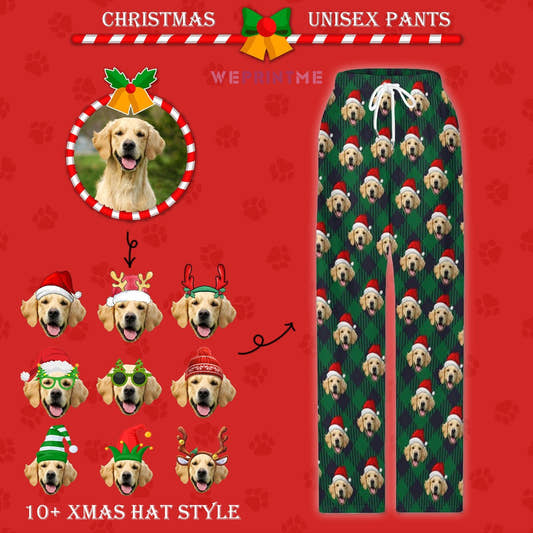 WePrintMePajama PantsCustom Pet Face Pajama Pants Dark Green Stripe Christmas Pants