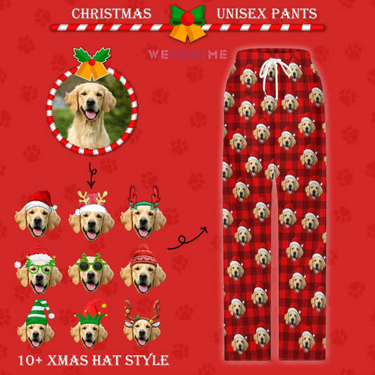 WePrintMePajama PantsCustom Pet Face Pajama Pants Dark Red Plaid Christmas Pants