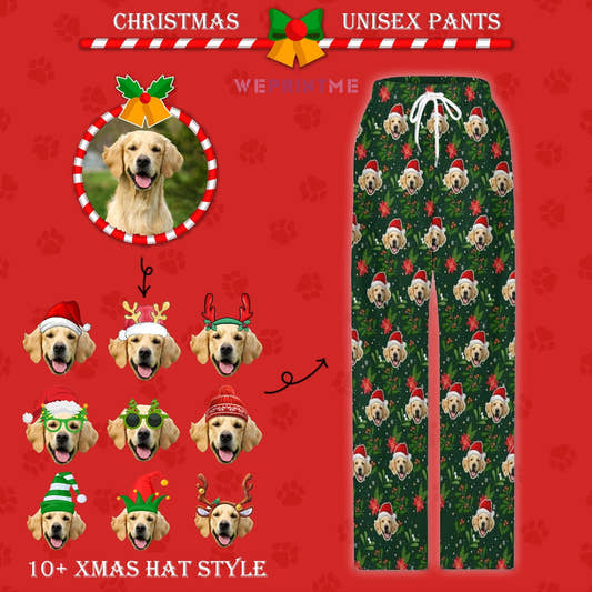 WePrintMePajama PantsCustom Pet Face Pajama Pants Flowers Christmas Pants