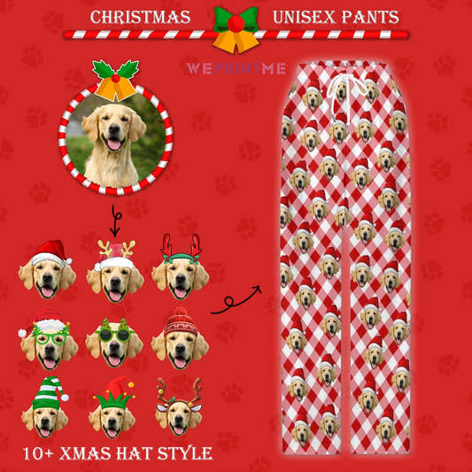WePrintMePajama PantsCustom Pet Face Pajama Pants Light Red Plaid Christmas Pants