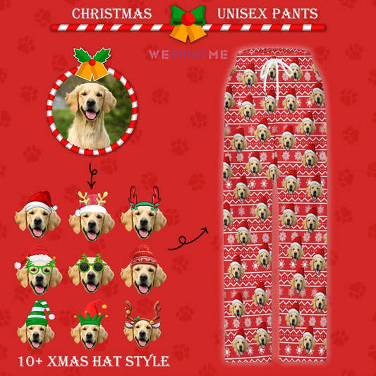 WePrintMePajama PantsCustom Pet Face Pajama Pants Snow Stripe Christmas Pants