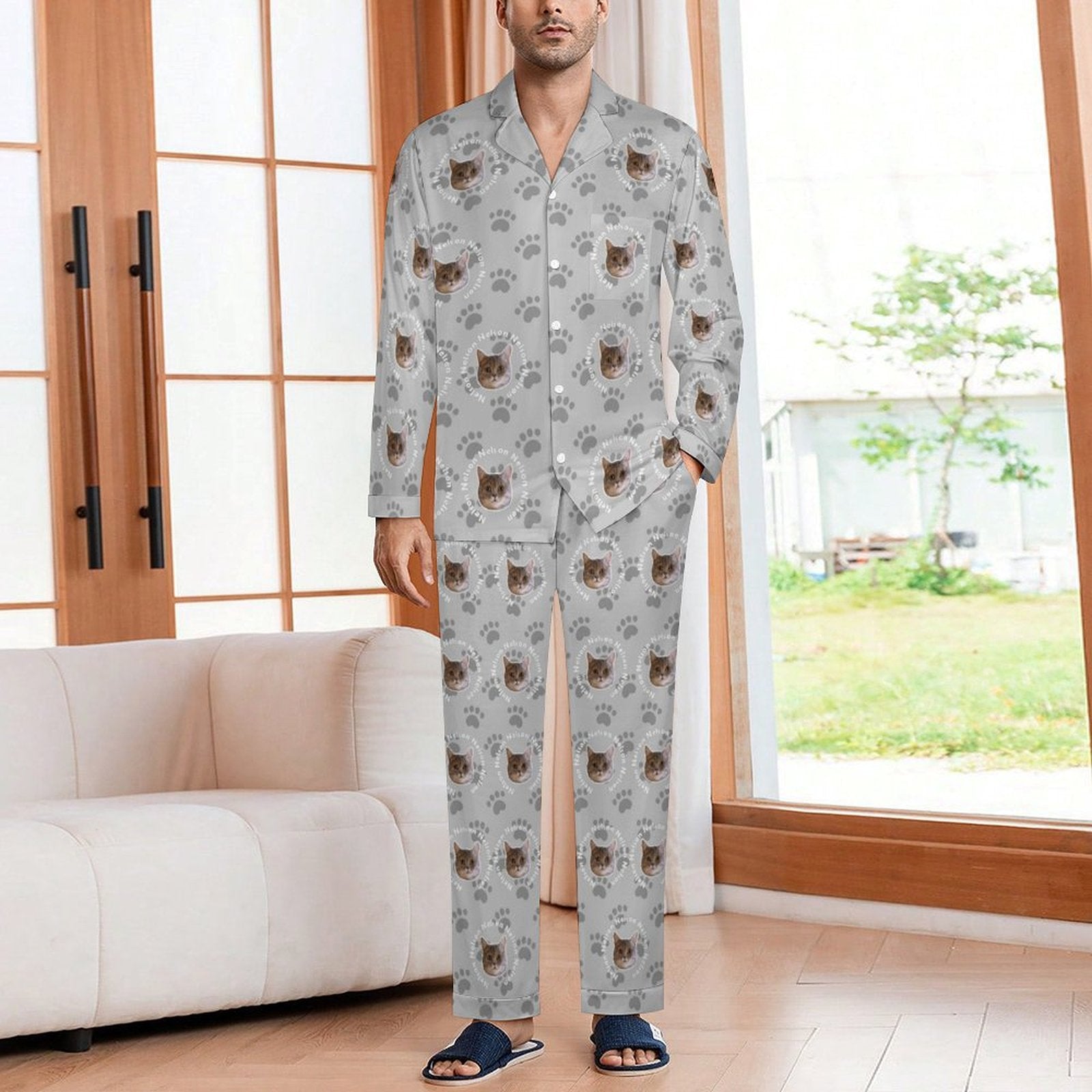 WEPRINTMEPajamasCustom Pet Face and Circle Name Men's Cotton Long Pajama Set