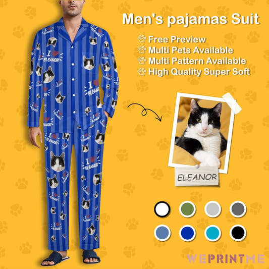 WePrintMePajamasCustom Pet Face and Name Stripe Men's Cotton Long Pajama Set