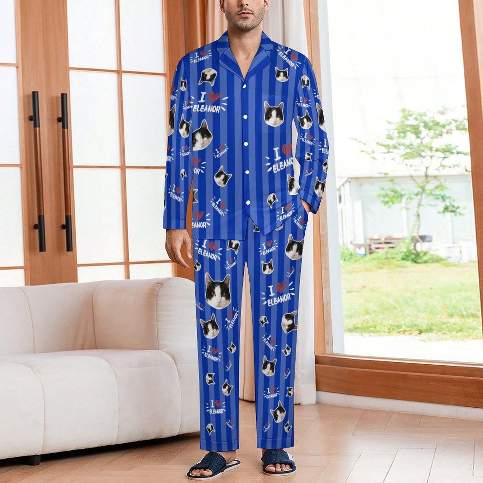 WEPRINTMEPajamasCustom Pet Face and Name Stripe Men's Cotton Long Pajama Set