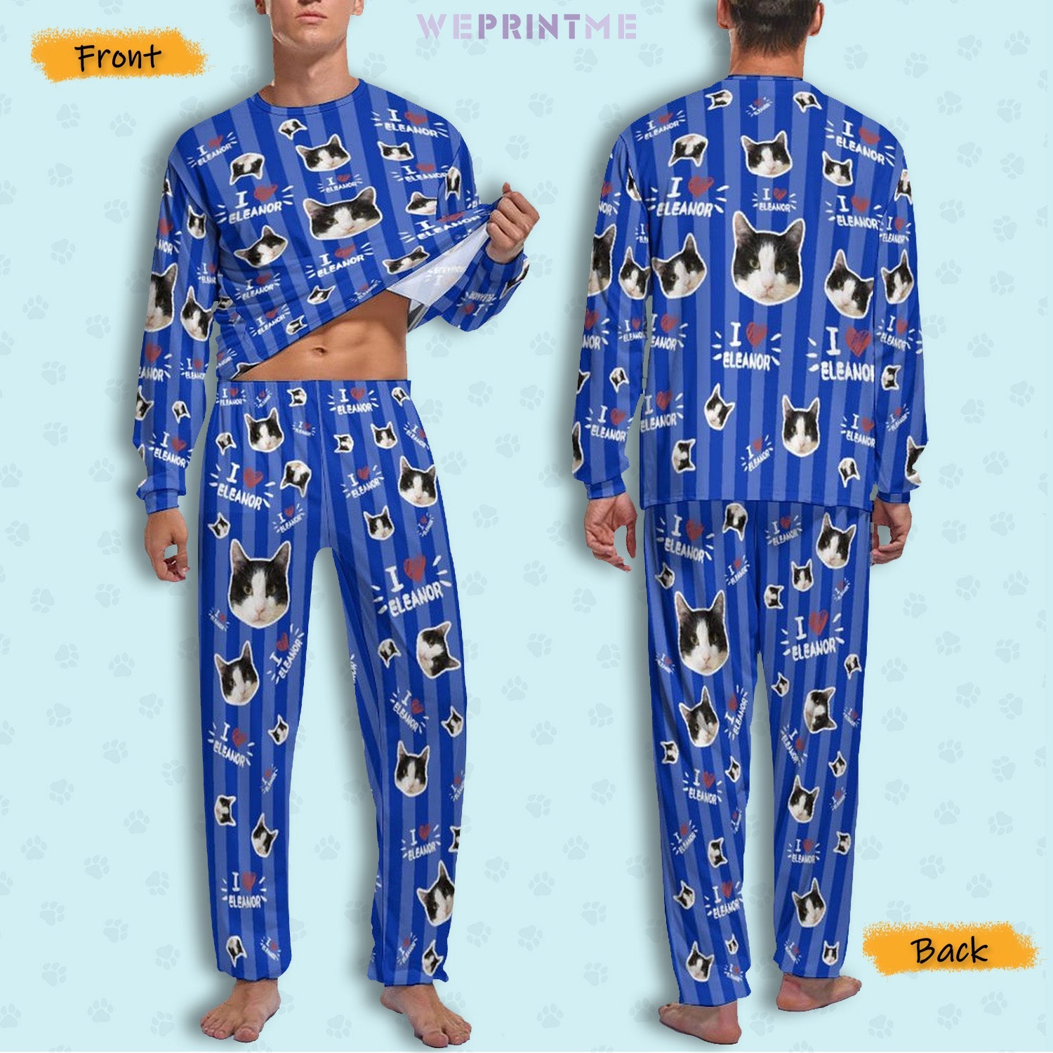WEPRINTMEPajamasCustom Pet Face and Name Stripe Men's Long Pajama Set