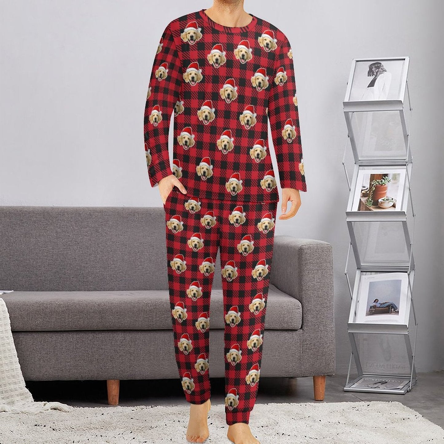 WEPRINTMEPajamasCustom Pet Face Pajama Set Santa Red Plaid Couple Matching Christmas Pajamas