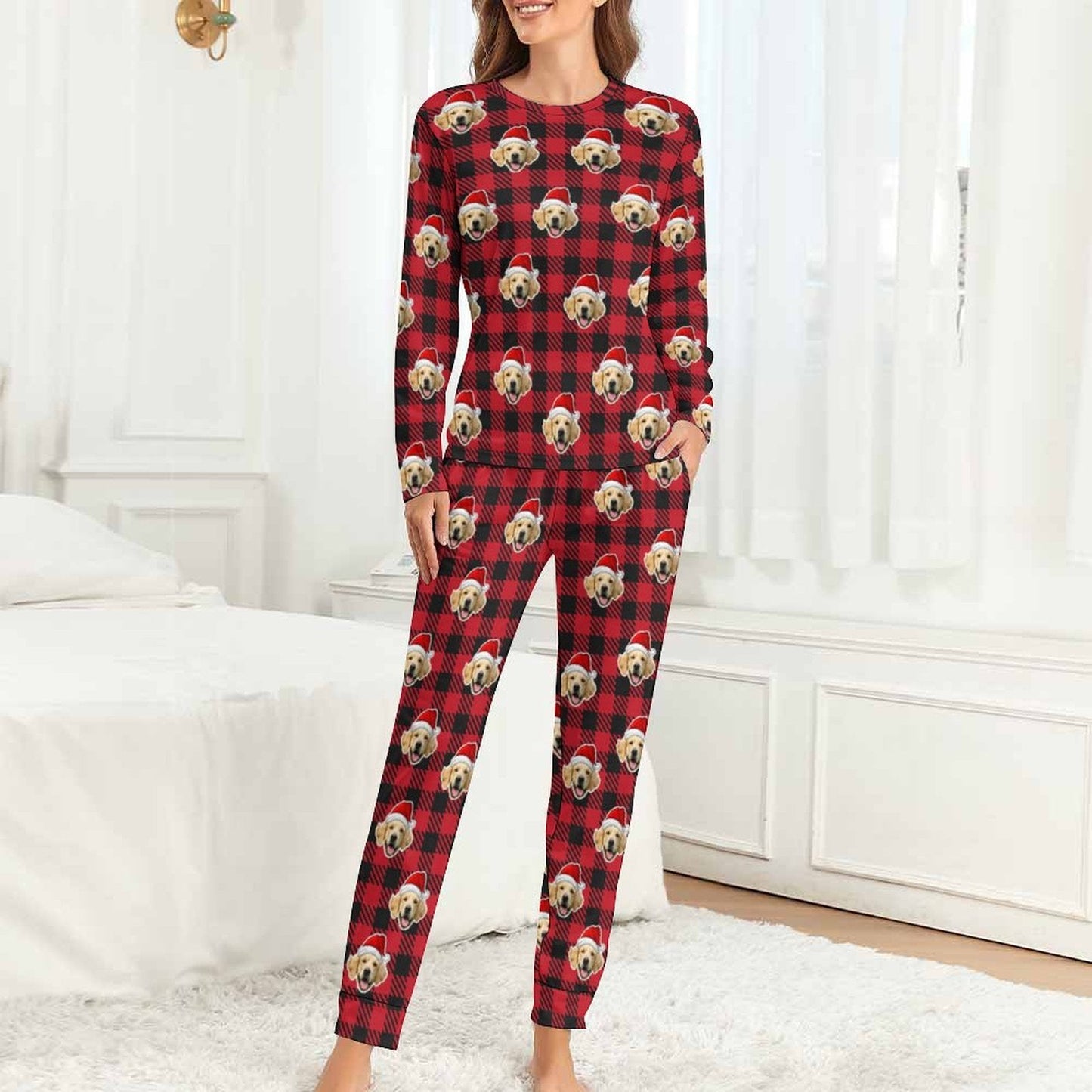 WEPRINTMEPajamasCustom Pet Face Pajama Set Santa Red Plaid Couple Matching Christmas Pajamas