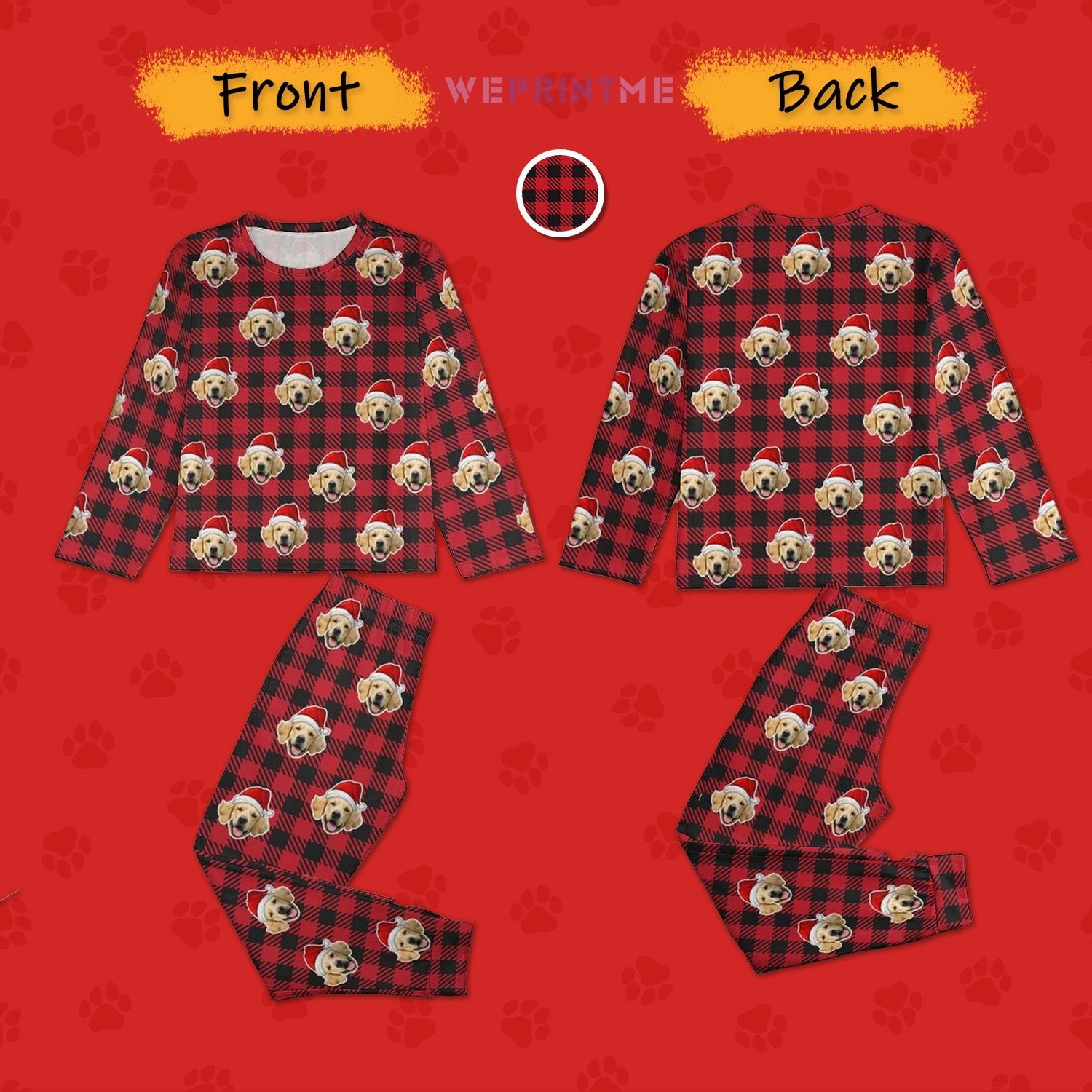 WEPRINTMEPajamasCustom Pet Face Pajama Set Santa Red Plaid Couple Matching Christmas Pajamas