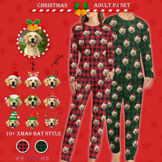 WePrintMePajamasCustom Pet Face Pajama Set Santa Red Plaid Couple Matching Christmas Pajamas