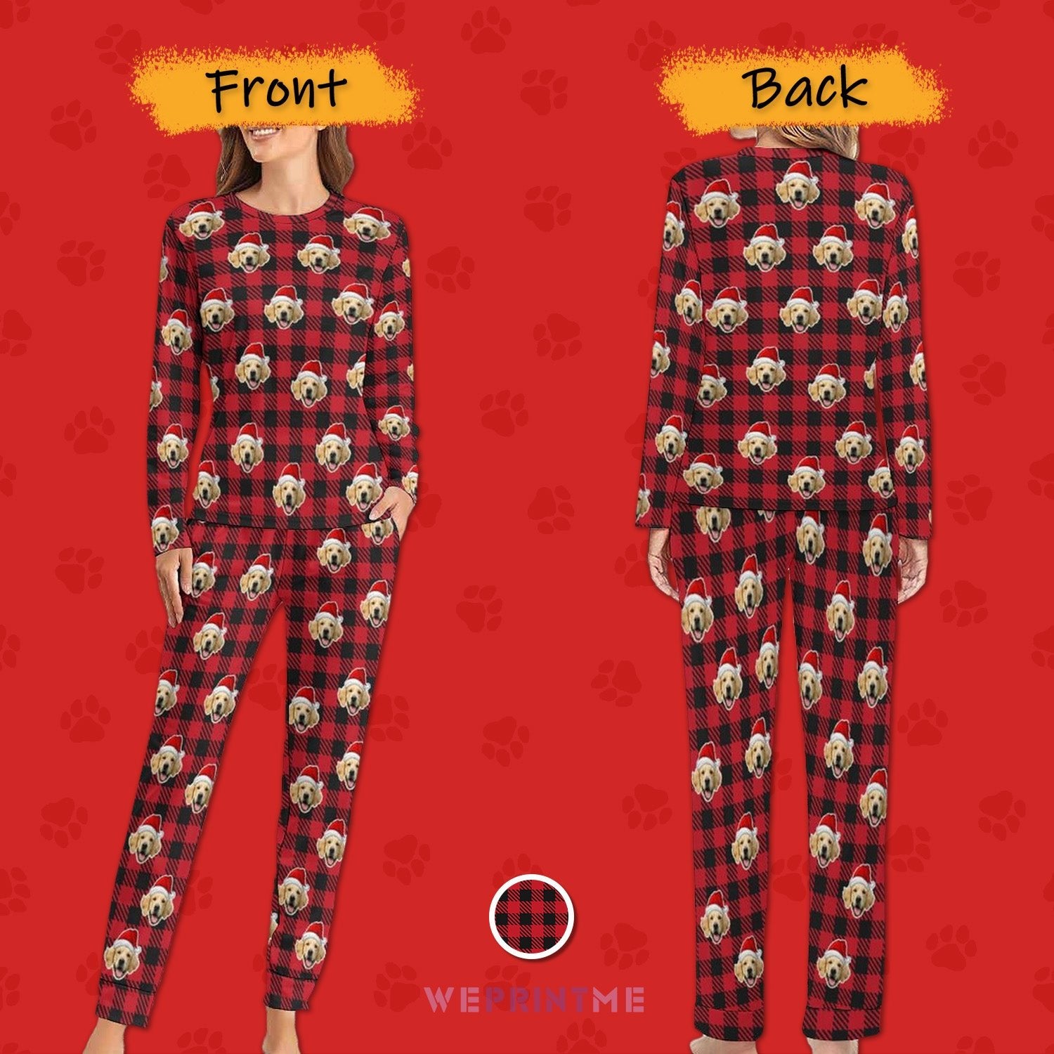 WEPRINTMEPajamasCustom Pet Face Pajama Set Santa Red Plaid Couple Matching Christmas Pajamas