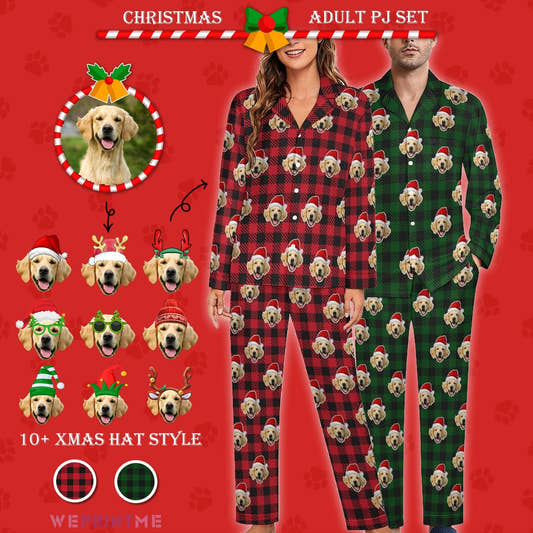 WePrintMePajamasCustom Pet Face Pajamas Santa Red Plaid Couple Matching Christmas Pajamas