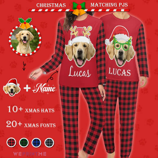 WePrintMePajamasCustom Pet Face&Name Plaid Christmas Couple Matching Pajamas
