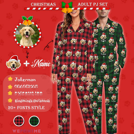 WePrintMePajamasCustom Pet Face&Name Santa Hat Red Plaid Couple Matching Christmas Pajamas