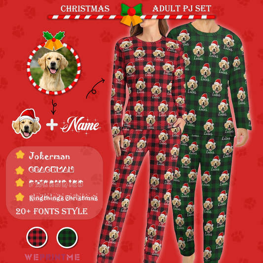WePrintMePajamasCustom Pet Face&Name Santa Hat Red Plaid Couple Matching Pajamas