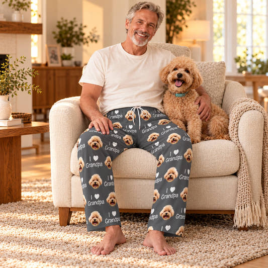 Personalized Pet Face Pajama Pants Love Grandparent for Men, worn by a model spending time with a pet on a rug.