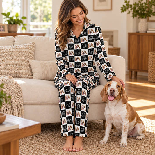 Personalized Pet Pajamas Black And White Women's Long Sleeve Pajama Set, shown in the original print on a seated model with a pet in a warm home.