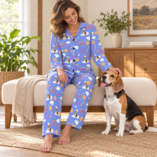 Personalized Pet Pajamas Happy Bath Women's Long Sleeve Pajama Set, shown in the original print on a seated model with a pet in a warm home.