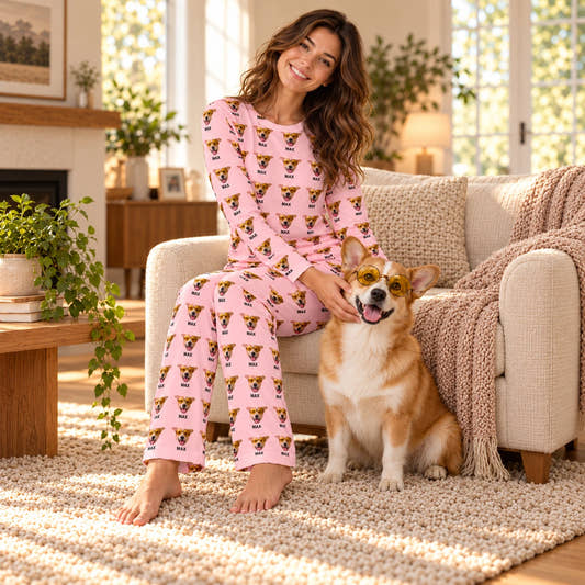 Personalized Pet Pajamas Multi Pet Women's Long Sleeve Pajamas, worn by a model spending time with a pet on a rug.