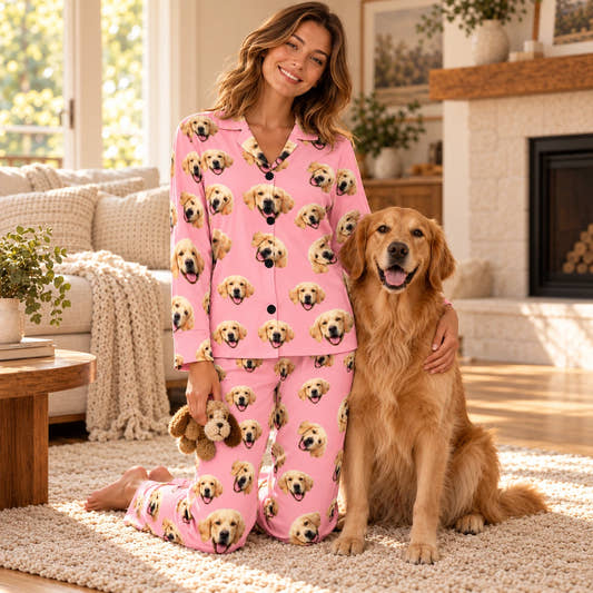 Personalized Pet Pajamas Pet Everywhere Women's Long Sleeve Pajama Set, worn by a model spending time with a pet on a rug.