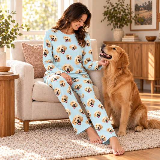 Personalized Pet Pajamas Pet Everywhere Women's Long Sleeve Pajamas, worn by a model enjoying a quiet moment with a pet near a window.