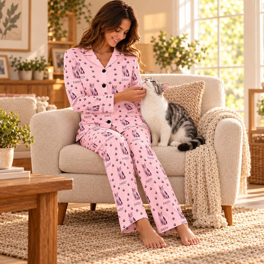 Personalized Pet Pajamas Pet Paws Path Women's Long Sleeve Pajama Set, worn by a model spending time with a pet on a rug.