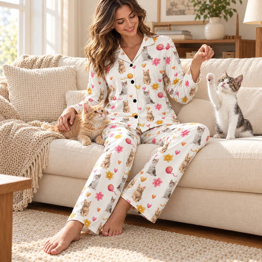 Personalized Pet Pajamas Play With Wool Ball Women's Long Sleeve Pajama Set, shown in the original print on a seated model with a pet in a warm home.